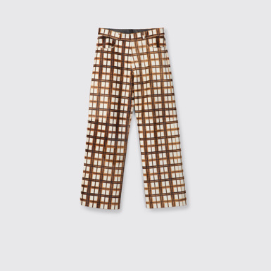 Side view of CAMPERLAB LEATHER Cream-brown tartan hair-on-leather trousers