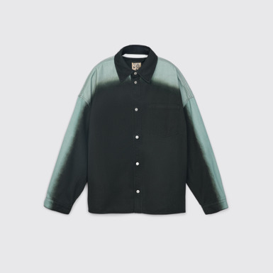 Side view of CAMPERLAB DENIM Black denim shirt with printed spray effect