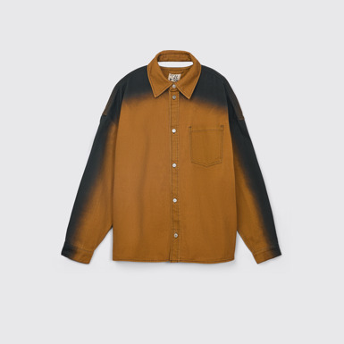 Side view of CAMPERLAB DENIM Terracotta denim shirt with printed spray effect