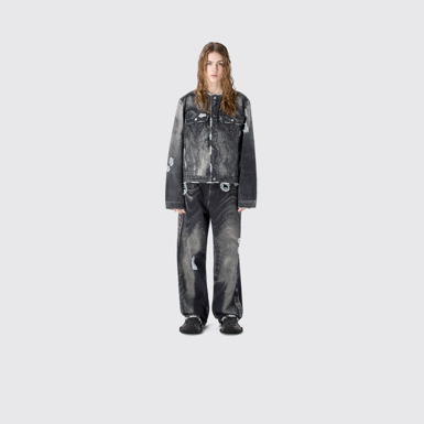 DISTORTED PRINT DISTRESSED DENIM JACKET BLACK-Gray