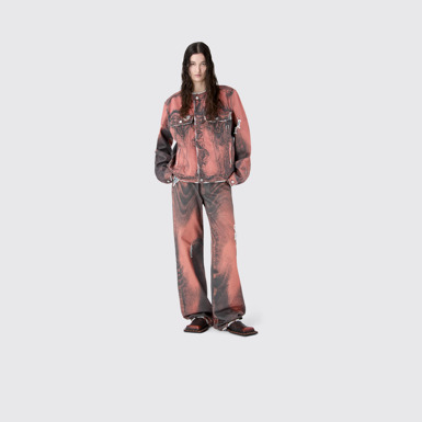 DISTORTED PRINT DISTRESSED DENIM JACKET ORANGE-BLACK