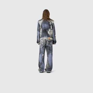 DISTORTED PRINT DISTRESSED DENIM JACKET BLUE-CREAM