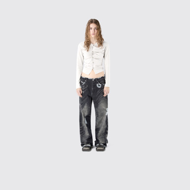 DISTORTED PRINT DISTRESSED DENIM JEANS BLACK-Gray
