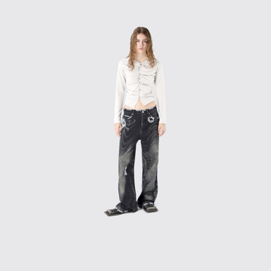 DISTORTED PRINT DISTRESSED DENIM JEANS BLACK-Gray