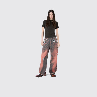 DISTORTED PRINT DISTRESSED DENIM JEANS ORANGE-BLACK