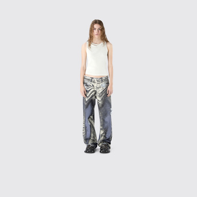DISTORTED PRINT DISTRESSED DENIM JEANS BLUE-CREAM