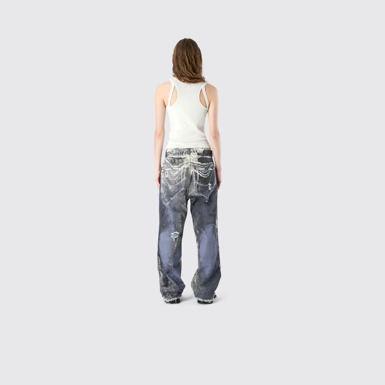 DISTORTED PRINT DISTRESSED DENIM JEANS BLUE-CREAM