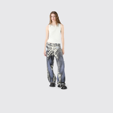 DISTORTED PRINT DISTRESSED DENIM JEANS BLUE-CREAM