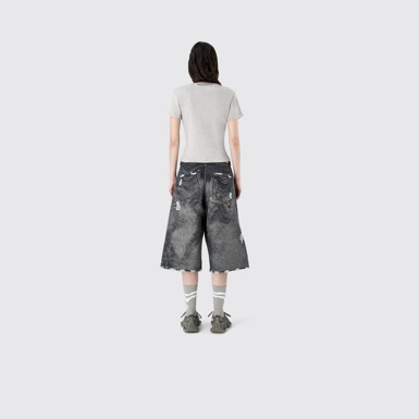 DISTORTED PRINT DISTRESSED DENIM SHORTS BLACK-Gray