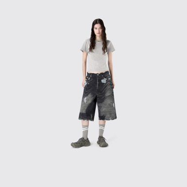 DISTORTED PRINT DISTRESSED DENIM SHORTS BLACK-Gray