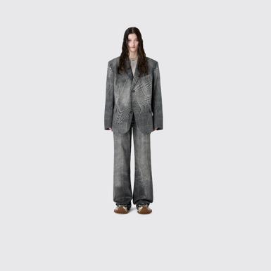 DISTORTED TARTAN PRINT DENIM BLAZER BLACK