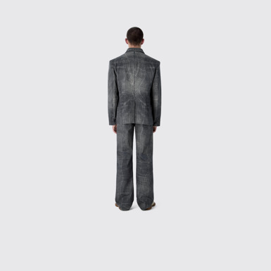 DISTORTED TARTAN PRINT DENIM BLAZER BLACK