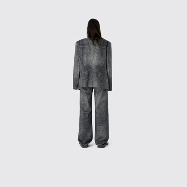 DISTORTED TARTAN PRINT DENIM BLAZER BLACK