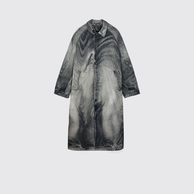 Side view of DISTORTED PRINT DENIM CAR COAT BLACK-Gray