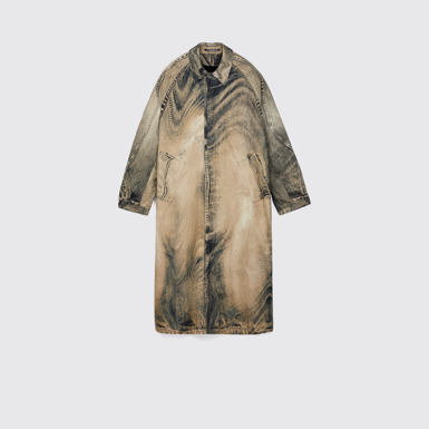 Side view of DISTORTED PRINT DENIM CAR COAT BEIGE-BROWN
