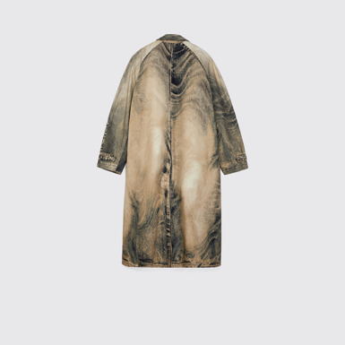 Back view of DISTORTED PRINT DENIM CAR COAT BEIGE-BROWN