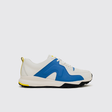 Side view of Caddie White and blue golf sneakers