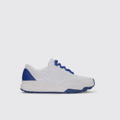 Side view of Looper White and navy leather golf sneakers