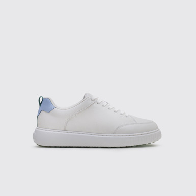 Side view of Birdie White and light blue leather golf sneakers