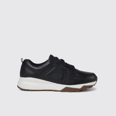 Side view of Caddie Black  leather golf sneakers