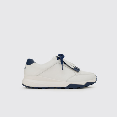 Side view of Spackler White and navy leather golf sneakers