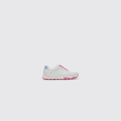 Side view of Spackler White and pink leather golf sneakers