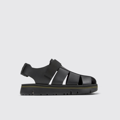 Side view of Oruga Black Leather/Textile Sandal for Men