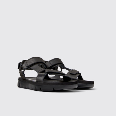 Front view of Oruga Black leather sandals for men