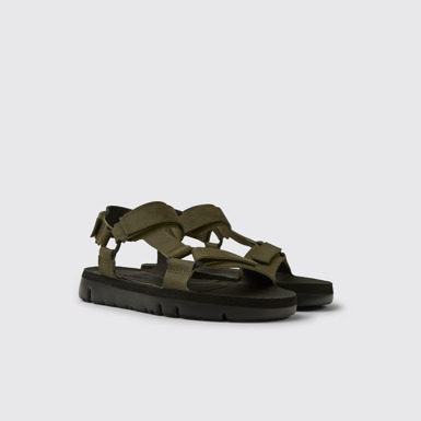 Front view of Oruga Green leather sandals for men