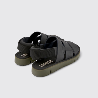 Back view of Oruga Black leather and textile sandals for men