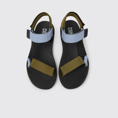 Overhead view of Match Green, blue and black recycled PET sandals for men
