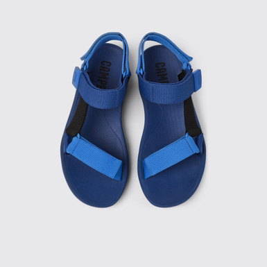 Overhead view of Match Blue and black recycled PET sandals for men