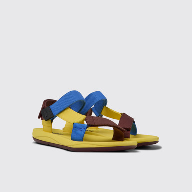Front view of Match Yellow, blue, and burgundy sandals for men
