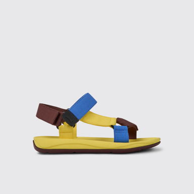 Side view of Match Yellow, blue, and burgundy sandals for men