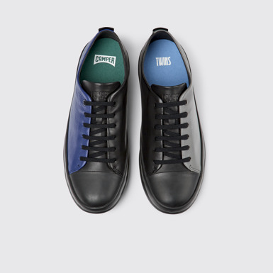 Overhead view of Twins Black, blue, and gray leather shoes for men