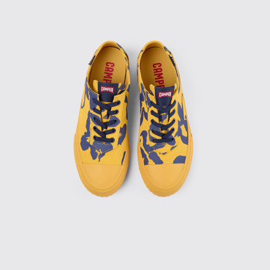 Overhead view of Camaleon Orange and blue recycled cotton sneakers for men
