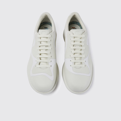 Overhead view of Twins Cream and white leather lace-up sneakers