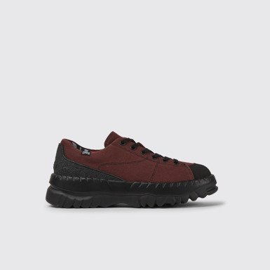 Side view of Teix Burgundy rubber and BCI cotton shoes