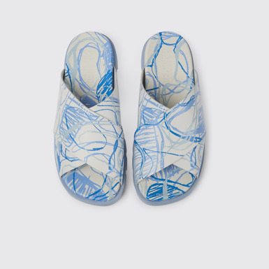 Overhead view of Brutus Sandal White and blue printed leather sandals for men
