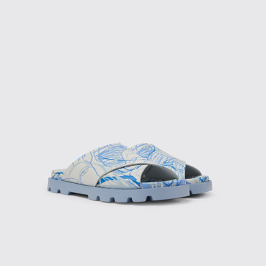Front view of Brutus Sandal White and blue printed leather sandals for men