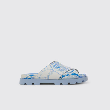 Side view of Brutus Sandal White and blue printed leather sandals for men