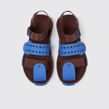 Overhead view of Set Blue and burgundy leather sandals for men