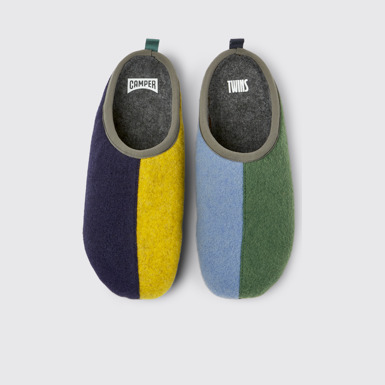 Overhead view of Twins Green, blue, and gray wool slippers for men