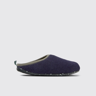 Side view of Twins Green, blue, and gray wool slippers for men