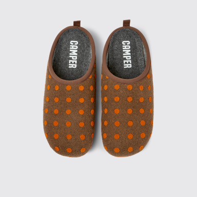 Overhead view of Wabi Brown and orange wool slippers for men