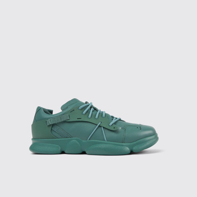 Side view of Karst Green leather and textile sneakers for men