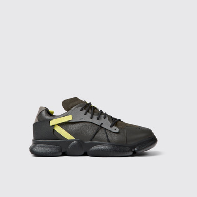 Side view of Twins Dark gray and yellow leather sneakers for men