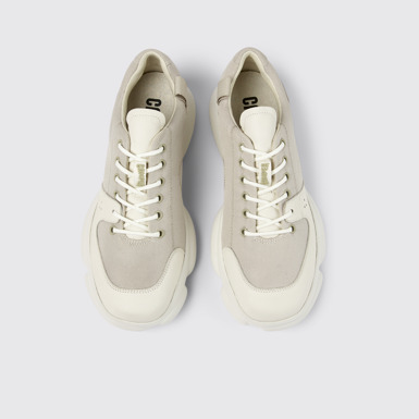 Overhead view of Karst White leather and recycled PET sneakers for men