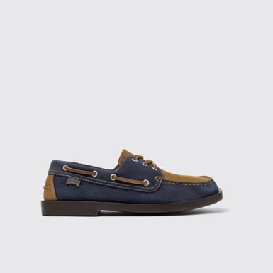 Side view of Twins Blue and Brown Nubuck Nautical Moccasins for Men.