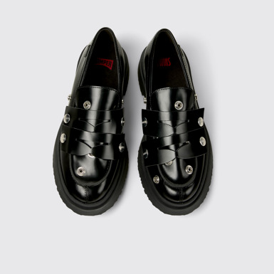 Overhead view of Twins Black Leather Moccasins for Men.